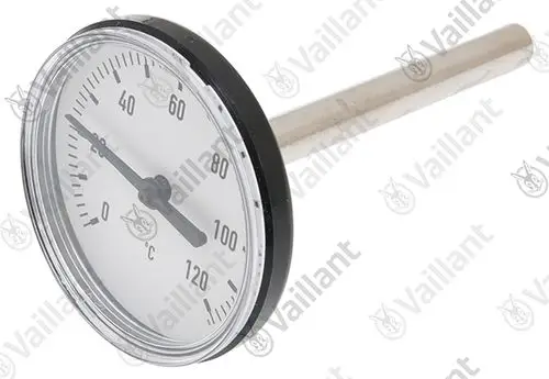Vaillant Thermometer mit einem runden Ziffernblatt, das Temperaturen von 0°C bis 120°C anzeigt. Metallstange zur Messung in Flüssigkeiten oder anderen Medien.